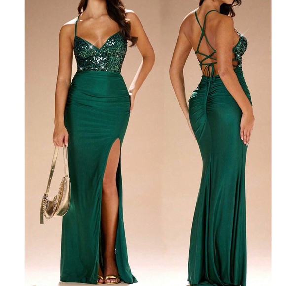 Luxe Sequin Satin Criss Cross Lace up Prom Formal Party Dress - Picture 1 of 9